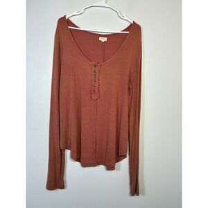 POL Henley Long Sleeve T-shirt Sz M Oversized Rust Boho Classic Rayon